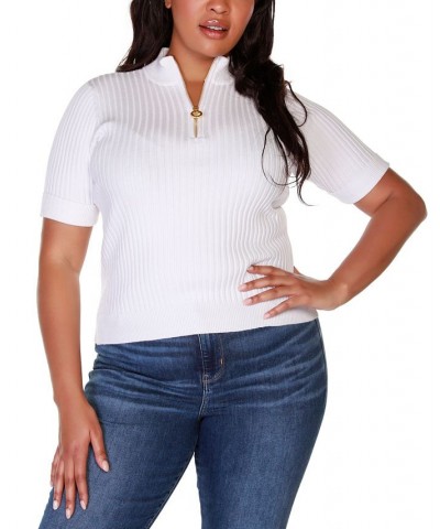Black Label Plus Size Mock Neck Zip Front Ribbed Short Sleeve Sweater White $26.25 Sweaters