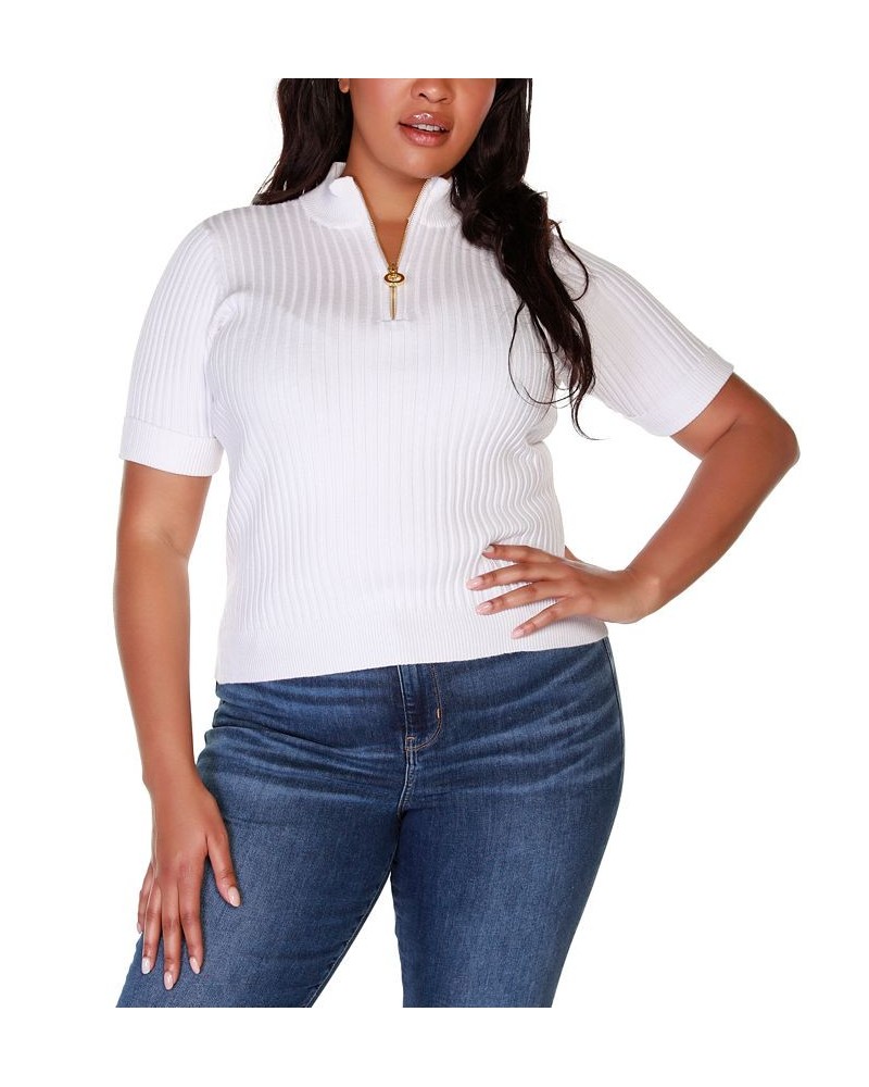 Black Label Plus Size Mock Neck Zip Front Ribbed Short Sleeve Sweater White $26.25 Sweaters