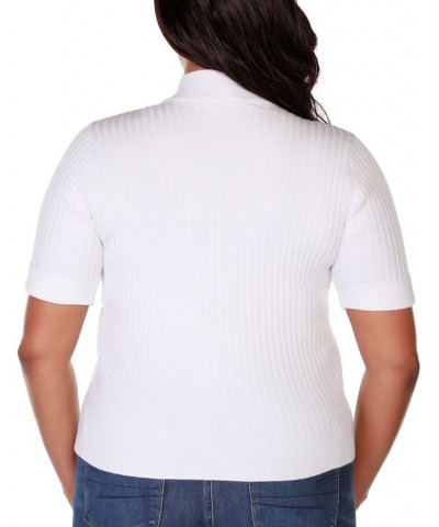 Black Label Plus Size Mock Neck Zip Front Ribbed Short Sleeve Sweater White $26.25 Sweaters