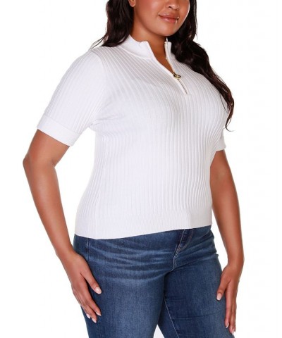 Black Label Plus Size Mock Neck Zip Front Ribbed Short Sleeve Sweater White $26.25 Sweaters