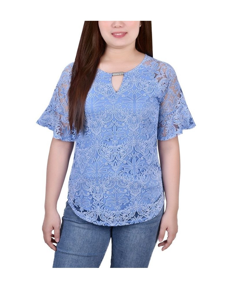 Petite Short Bell Sleeve Lace Blouse Blue $12.71 Tops
