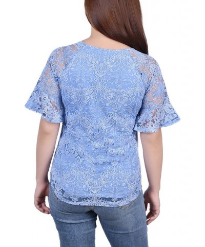 Petite Short Bell Sleeve Lace Blouse Blue $12.71 Tops