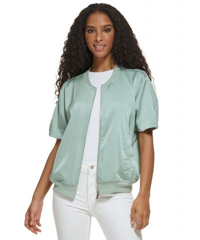 Women's Short Sleeve Satin Bomber Jacket Green $46.61 Jackets
