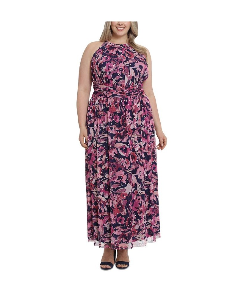 Plus Size Halter Ruched-Waist Maxi Dress Navy Pink $46.41 Dresses