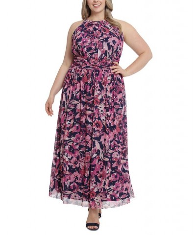 Plus Size Halter Ruched-Waist Maxi Dress Navy Pink $46.41 Dresses