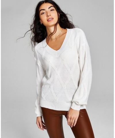 Women's Embellished Cable-Knit Sweater Cream $11.82 Sweaters