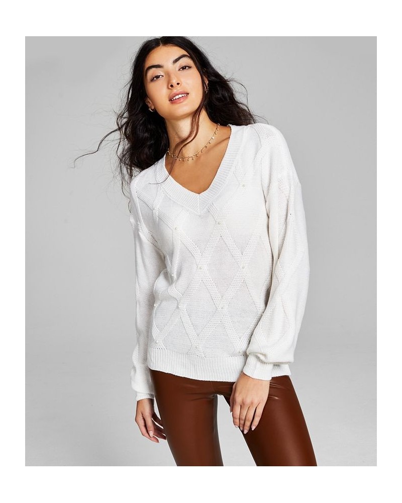 Women's Embellished Cable-Knit Sweater Cream $11.82 Sweaters