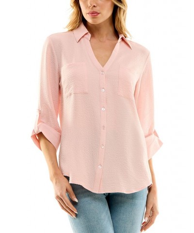 Juniors' Textured Button-Front Roll-Tab-Sleeve Shirt Pink $14.16 Tops