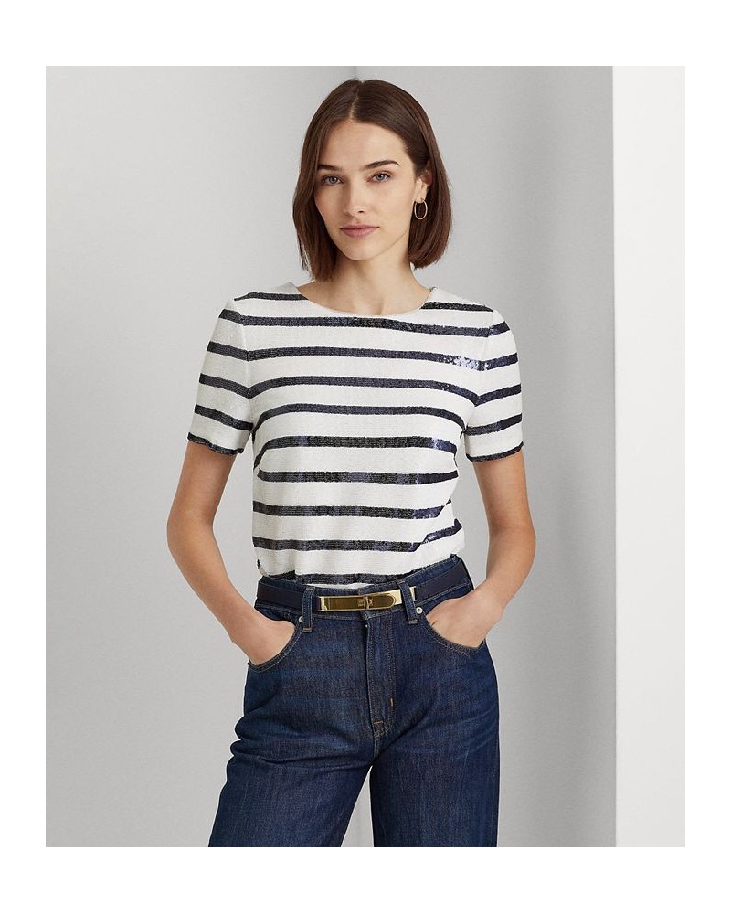 Women's Striped Sequined Short-Sleeve Blouse White/french Navy $31.48 Tops