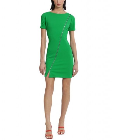 Women's Jewel-Neck Exposed-Zipper Mini Dress Bright Green $62.10 Dresses