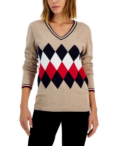 Women's Cotton Argyle V-Neck Sweater Brown $13.87 Sweaters