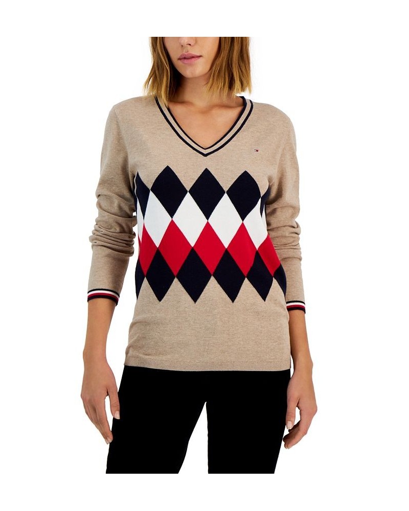 Women's Cotton Argyle V-Neck Sweater Brown $13.87 Sweaters