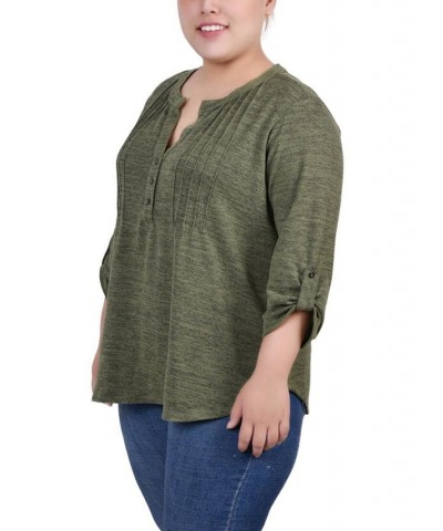 Plus Size 3/4 Roll Tab Sleeve Y Neck Top Olivine $16.06 Tops
