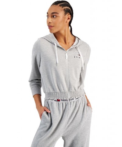 Women's Smocked-Waist Zip-Up Hoodie Sweatshirt Gray $20.30 Sweatshirts