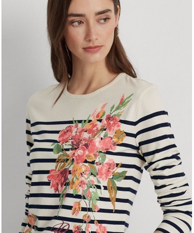 Women's Floral & Striped Jersey Long-Sleeve T-Shirt Regular & Petite Cream $53.66 Tops