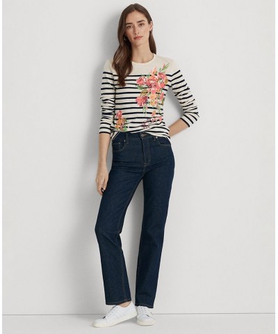 Women's Floral & Striped Jersey Long-Sleeve T-Shirt Regular & Petite Cream $53.66 Tops