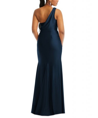 Women's One-Shoulder Asymmetrical Cowl Back Gown Blue $124.32 Dresses