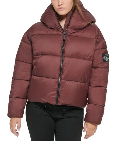 Women's Cropped Hooded Puffer Jacket Brown $42.87 Jackets
