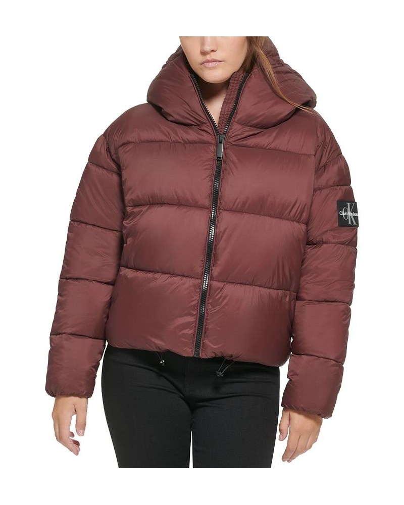 Women's Cropped Hooded Puffer Jacket Brown $42.87 Jackets