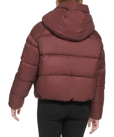 Women's Cropped Hooded Puffer Jacket Brown $42.87 Jackets