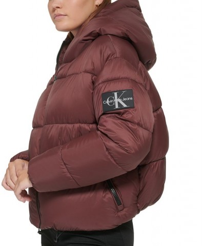 Women's Cropped Hooded Puffer Jacket Brown $42.87 Jackets