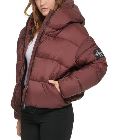 Women's Cropped Hooded Puffer Jacket Brown $42.87 Jackets