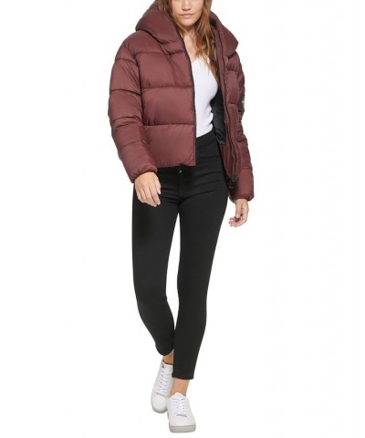 Women's Cropped Hooded Puffer Jacket Brown $42.87 Jackets