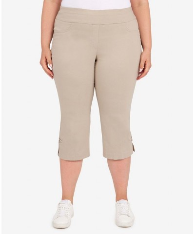 Plus Size Essentials Solid Pull-On Capri Pants with Detailed Split Hem Tan/Beige $20.93 Pants