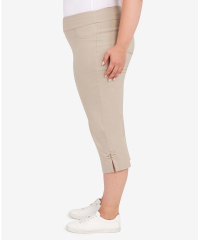 Plus Size Essentials Solid Pull-On Capri Pants with Detailed Split Hem Tan/Beige $20.93 Pants