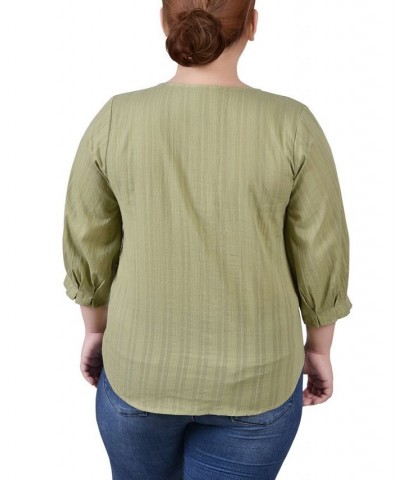 Plus Size 3/4 Sleeve Button Placket Jacquard Blouse Green $14.20 Tops