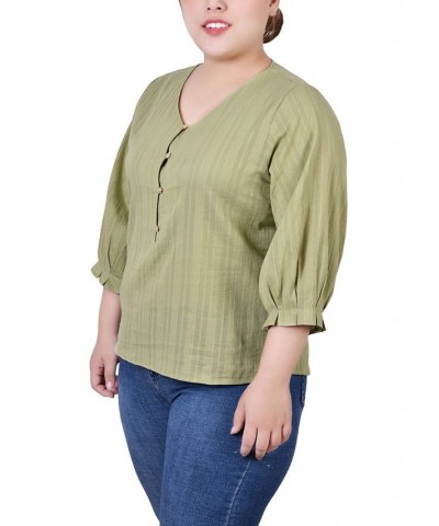 Plus Size 3/4 Sleeve Button Placket Jacquard Blouse Green $14.20 Tops