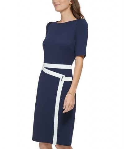 Women's Contrast-Trimmed Elbow-Sleeve Crepe Dress Navy/Ivory $67.68 Dresses