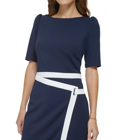 Women's Contrast-Trimmed Elbow-Sleeve Crepe Dress Navy/Ivory $67.68 Dresses