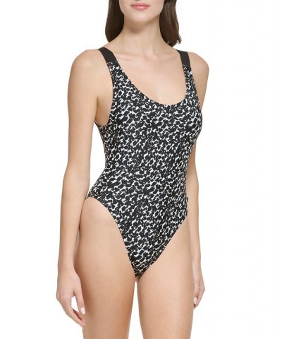 Women's Printed Scoop-Back Logo-Strap One-Piece Swimsuit Soft White Distorted Animal $38.88 Swimsuits