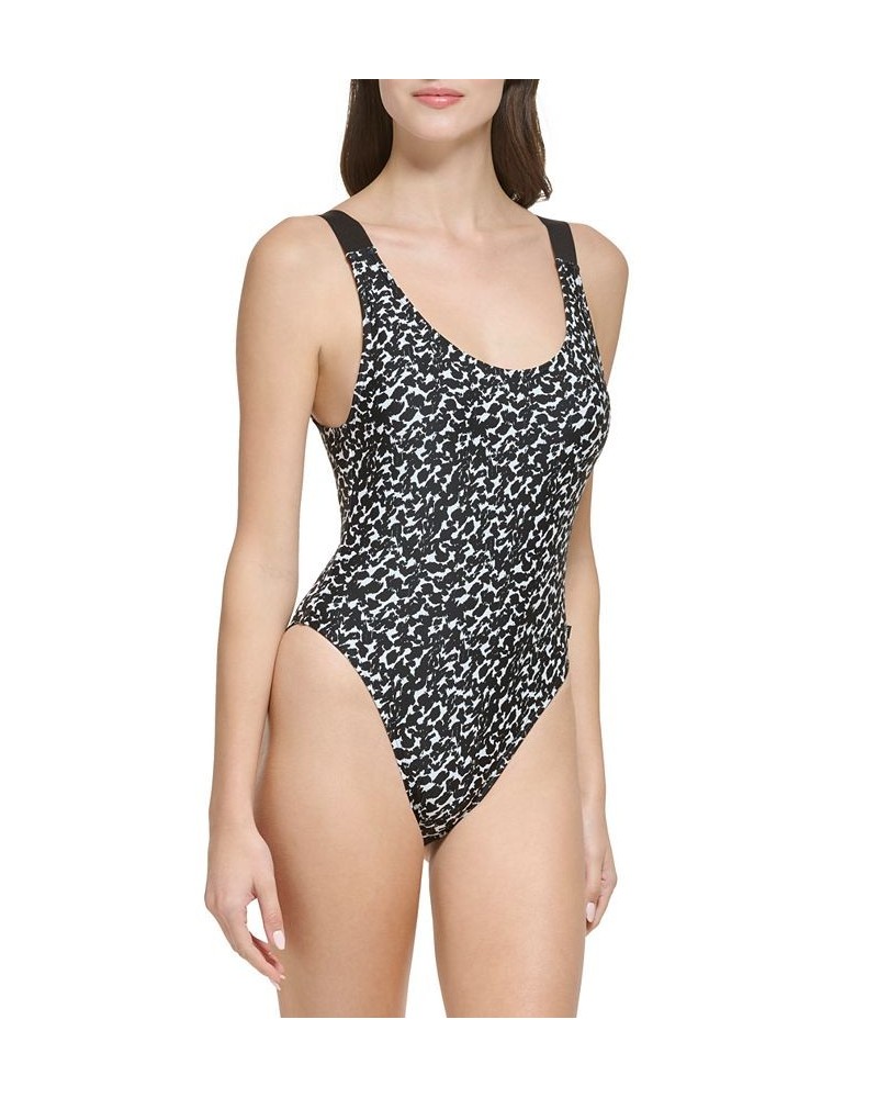 Women's Printed Scoop-Back Logo-Strap One-Piece Swimsuit Soft White Distorted Animal $38.88 Swimsuits