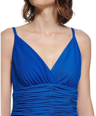 Women's Ruched-Waist Surplice-Neck Dress Blue $62.37 Dresses