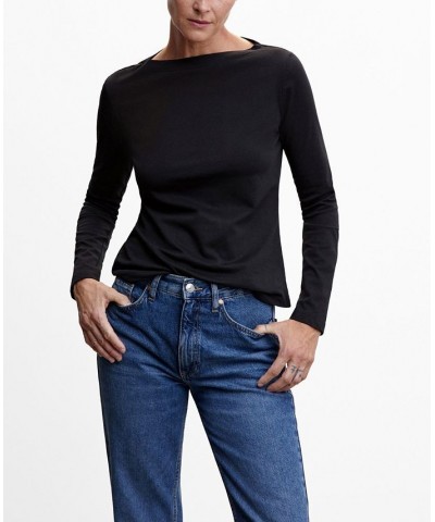 Women's Cotton Boat Neck T-shirt Black $16.49 Tops