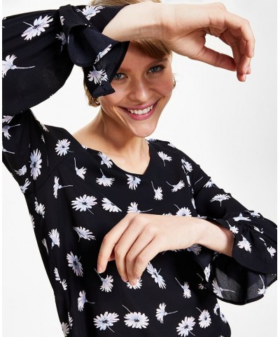 Women's Floral V-Neck Long-Sleeve Top Black Multi $20.56 Tops