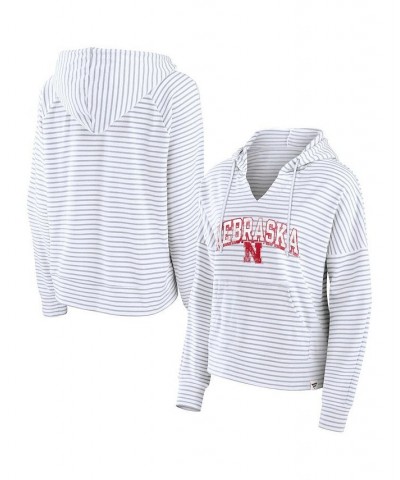 Women's Branded White Nebraska Huskers Striped Notch Neck Pullover Hoodie White $27.30 Sweatshirts