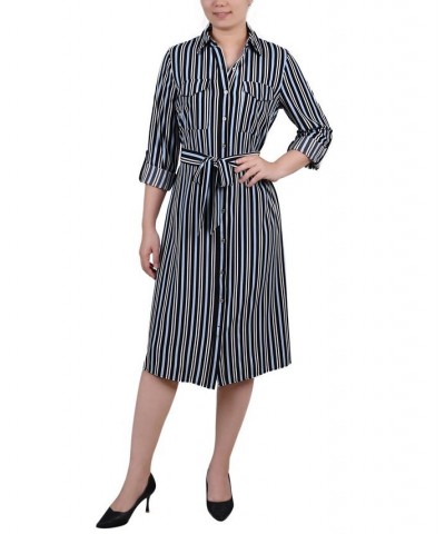 Petite Printed Long Sleeve Roll Tab Shirtdress Black Blue Ivory Stripe $20.72 Dresses