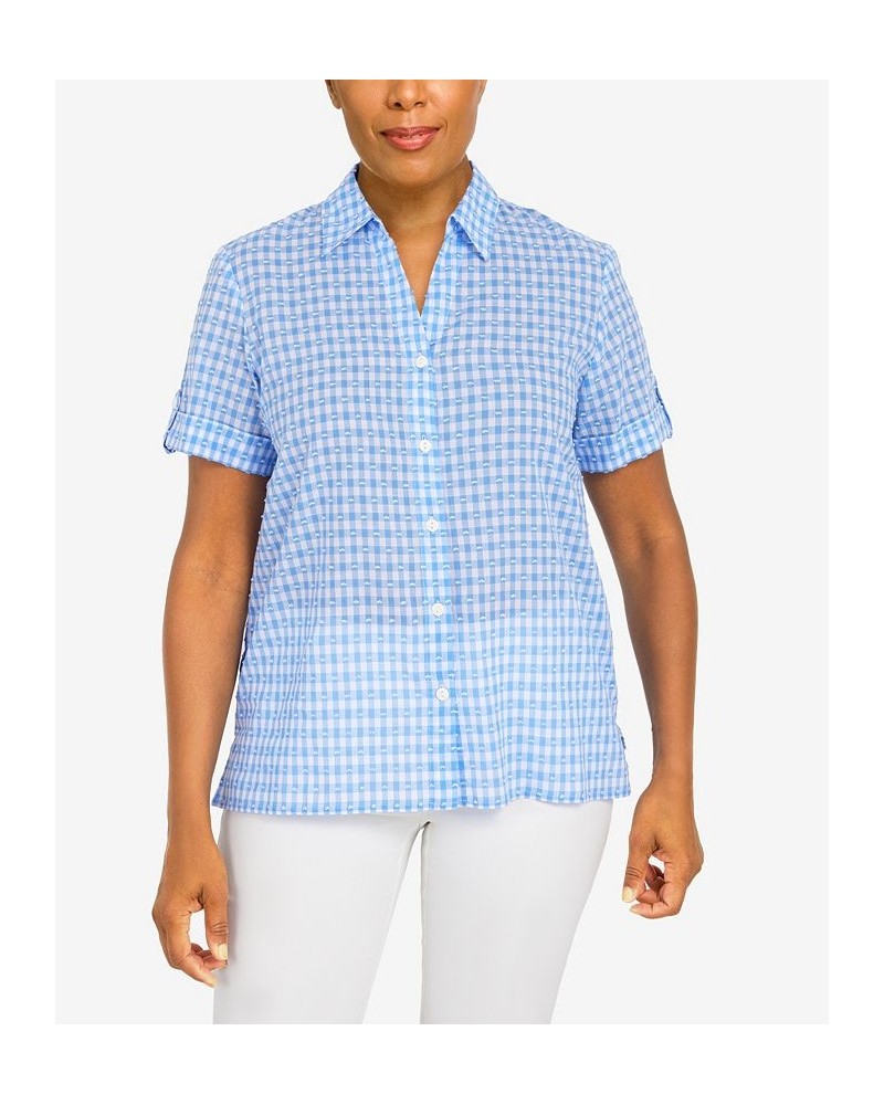 Women's Classics Stencil Short Sleeve Button Down Top Periwinkle $29.03 Tops