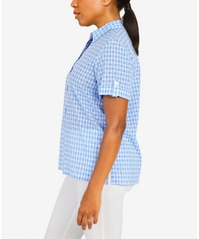 Women's Classics Stencil Short Sleeve Button Down Top Periwinkle $29.03 Tops