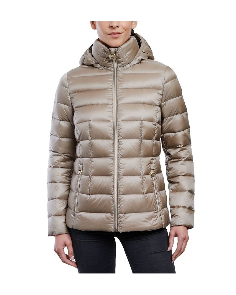 Women's Hooded Packable Down Shine Puffer Coat Taupe $58.22 Coats