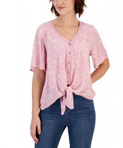 Juniors' Textured Printed Button-Front Top Pink $15.34 Tops