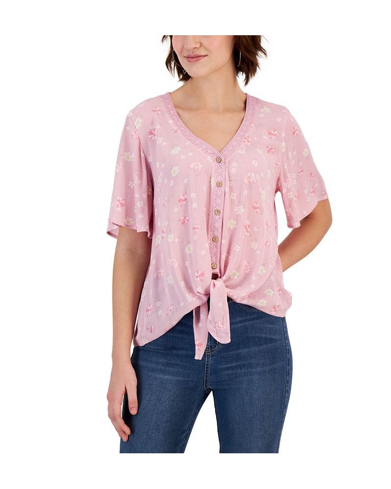 Juniors' Textured Printed Button-Front Top Pink $15.34 Tops