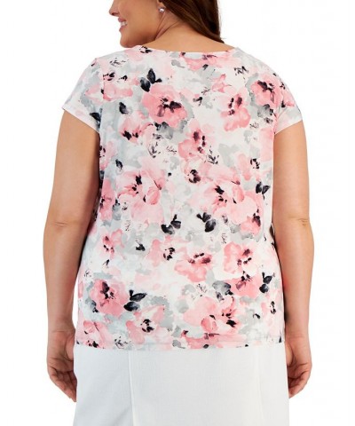 Plus Size Floral Knit Cowlneck Cap-Sleeve Top Tutu Pink Multi $15.60 Tops