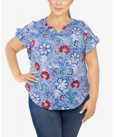 Plus Size Knit Floral Puff Print Top Blue $32.56 Tops