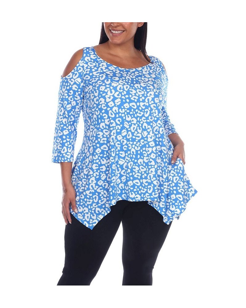 Plus Size Leopard Cold Shoulder Tunic Top Blue $25.42 Tops