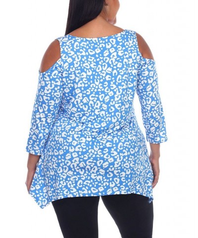 Plus Size Leopard Cold Shoulder Tunic Top Blue $25.42 Tops