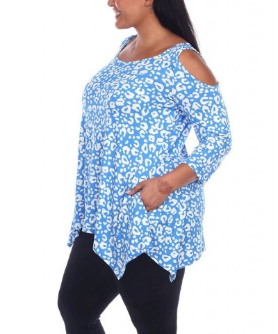 Plus Size Leopard Cold Shoulder Tunic Top Blue $25.42 Tops